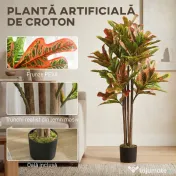 HOMCOM Plantă Artificială Croton cu 139 Frunze Modelabile și Ghiveci Alb din PP și Ciment, Plantă Falsă din PEVA și Lemn, 55x55x120 cm, Multicolor