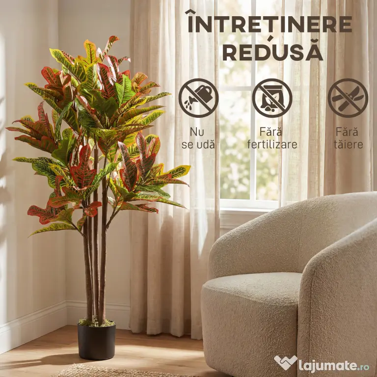 HOMCOM Plantă Artificială Croton cu 139 Frunze Modelabile și Ghiveci Alb din PP și Ciment, Plantă Falsă din PEVA și Lemn, 55x55x120 cm, Multicolor