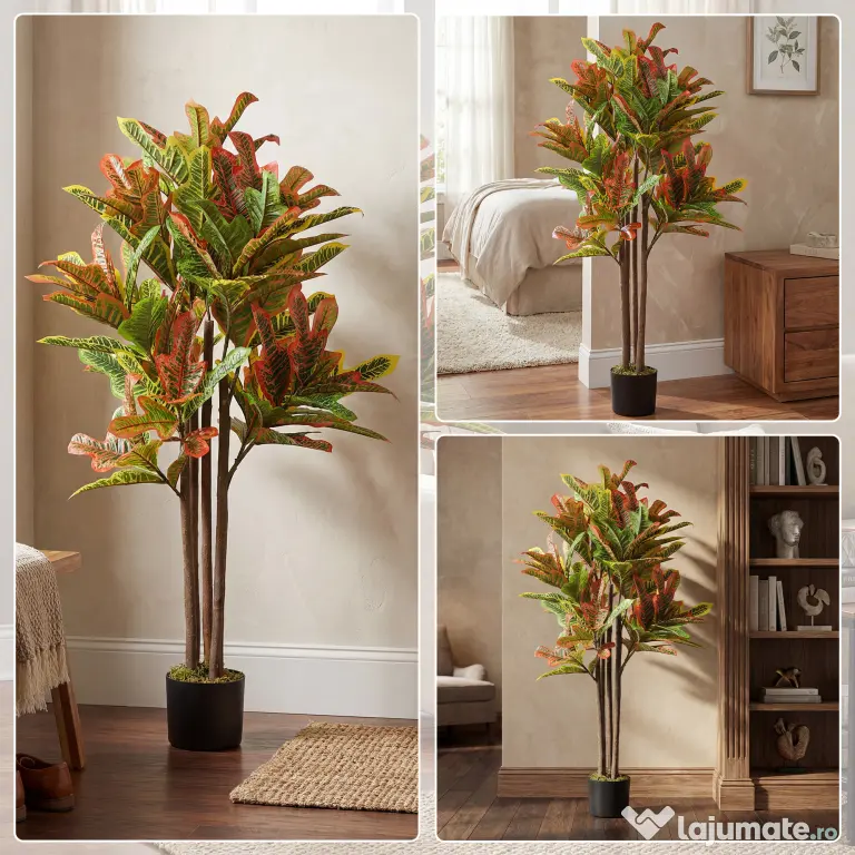 HOMCOM Plantă Artificială Croton cu 139 Frunze Modelabile și Ghiveci Alb din PP și Ciment, Plantă Falsă din PEVA și Lemn, 55x55x120 cm, Multicolor