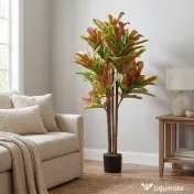 HOMCOM Plantă Artificială Croton cu 139 Frunze Modelabile și Ghiveci Alb din PP și Ciment, Plantă Falsă din PEVA și Lemn, 55x55x120 cm, Multicolor