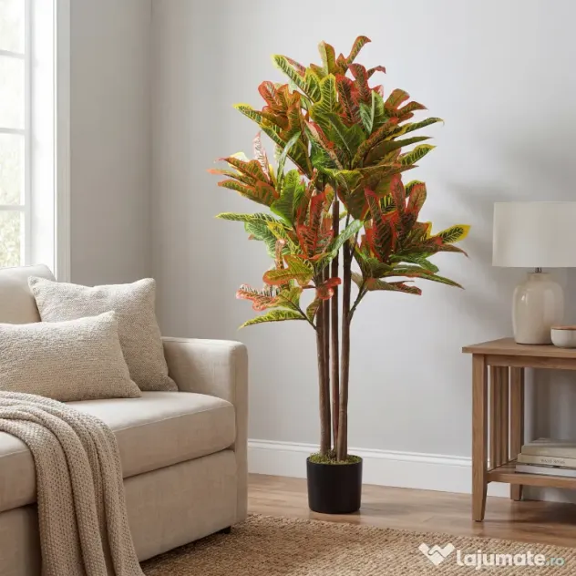 HOMCOM Plantă Artificială Croton cu 139 Frunze Modelabile și Ghiveci Alb din PP și Ciment, Plantă Falsă din PEVA și Lemn, 55x55x120 cm, Multicolor