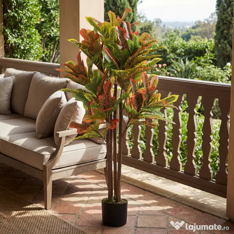 HOMCOM Plantă Artificială Croton cu 139 Frunze Modelabile și Ghiveci Alb din PP și Ciment, Plantă Falsă din PEVA și Lemn, 55x55x120 cm, Multicolor