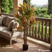HOMCOM Plantă Artificială Croton cu 139 Frunze Modelabile și Ghiveci Alb din PP și Ciment, Plantă Falsă din PEVA și Lemn, 55x55x120 cm, Multicolor