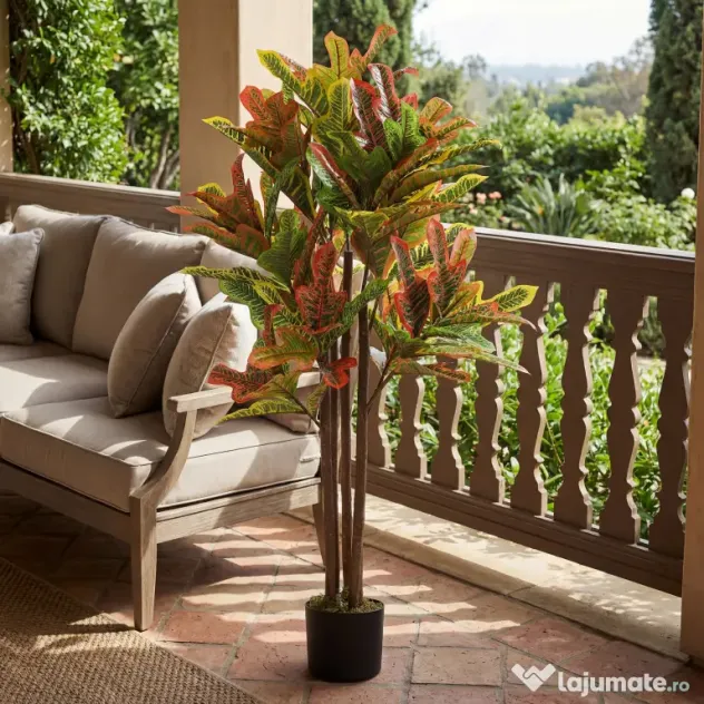 HOMCOM Plantă Artificială Croton cu 139 Frunze Modelabile și Ghiveci Alb din PP și Ciment, Plantă Falsă din PEVA și Lemn, 55x55x120 cm, Multicolor