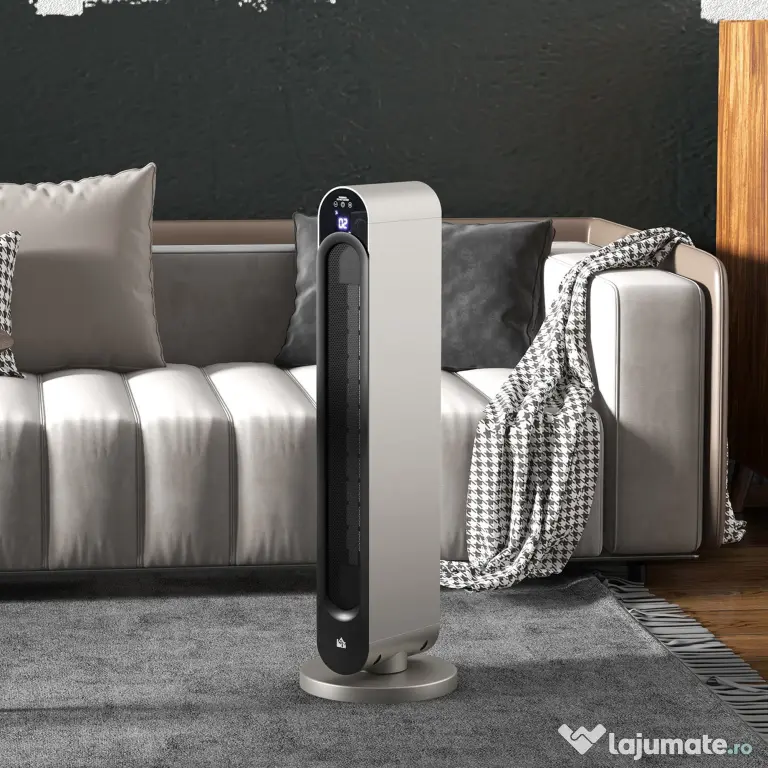 HOMCOM Incalzitor Electric Oscilant cu 3 Moduri de Incalzire, Incalzitor cu ventilator cu Temperatura Reglabila si Telecomanda, din ABS, Ø25x73.5 cm, Argintiu