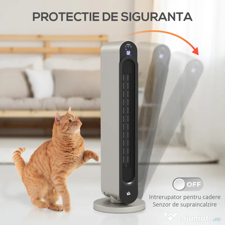 HOMCOM Incalzitor Electric Oscilant cu 3 Moduri de Incalzire, Incalzitor cu ventilator cu Temperatura Reglabila si Telecomanda, din ABS, Ø25x73.5 cm, Argintiu