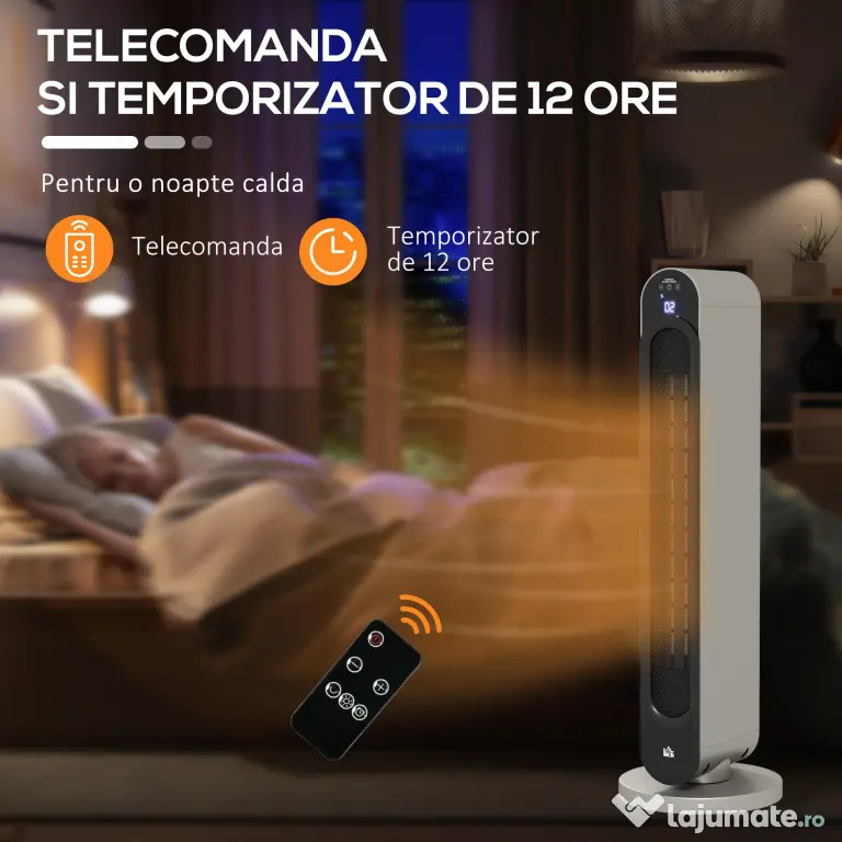 HOMCOM Incalzitor Electric Oscilant cu 3 Moduri de Incalzire, Incalzitor cu ventilator cu Temperatura Reglabila si Telecomanda, din ABS, Ø25x73.5 cm, Argintiu