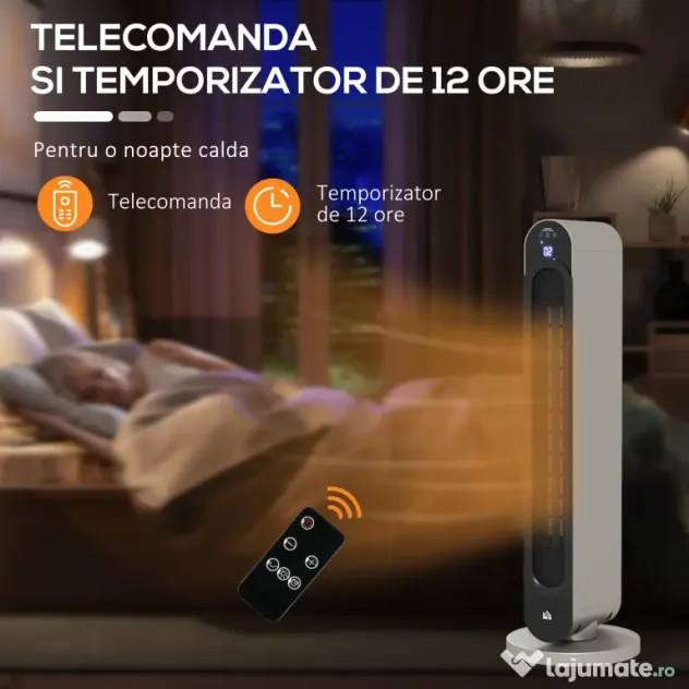 HOMCOM Incalzitor Electric Oscilant cu 3 Moduri de Incalzire, Incalzitor cu ventilator cu Temperatura Reglabila si Telecomanda, din ABS, Ø25x73.5 cm, Argintiu