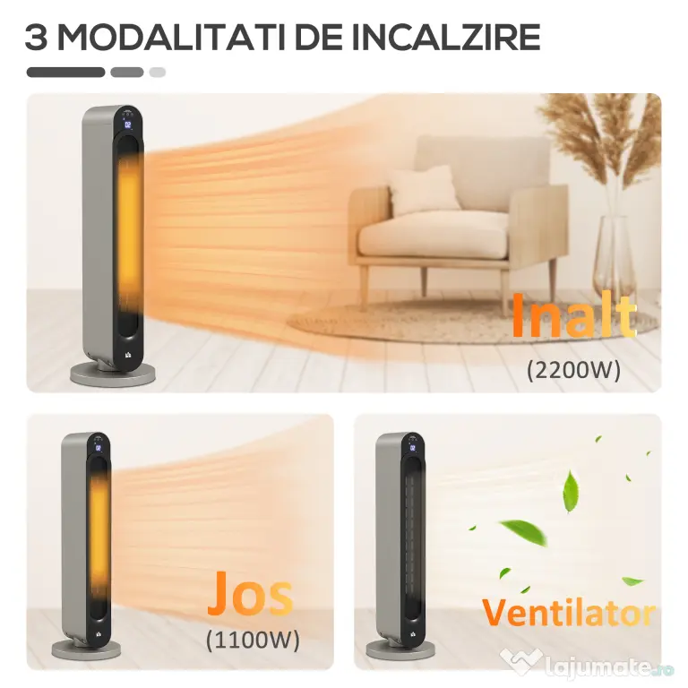 HOMCOM Incalzitor Electric Oscilant cu 3 Moduri de Incalzire, Incalzitor cu ventilator cu Temperatura Reglabila si Telecomanda, din ABS, Ø25x73.5 cm, Argintiu
