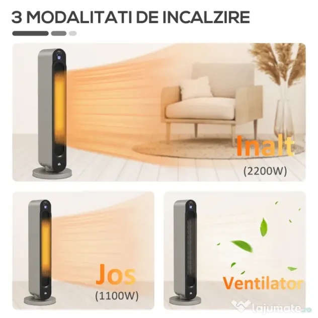 HOMCOM Incalzitor Electric Oscilant cu 3 Moduri de Incalzire, Incalzitor cu ventilator cu Temperatura Reglabila si Telecomanda, din ABS, Ø25x73.5 cm, Argintiu
