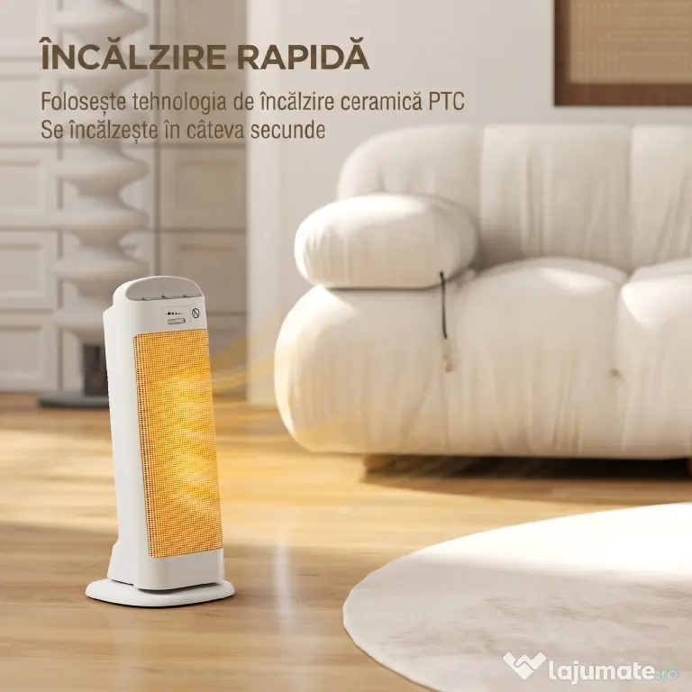 HOMCOM Încălzitor electric ceramic 2000W, 4 moduri și încălzire reglabilă, oscilație la 55°, alb