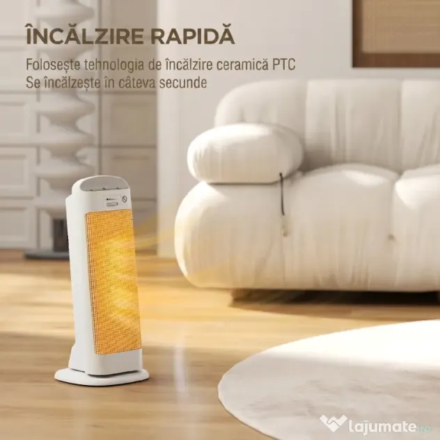 HOMCOM Încălzitor electric ceramic 2000W, 4 moduri și încălzire reglabilă, oscilație la 55°, alb