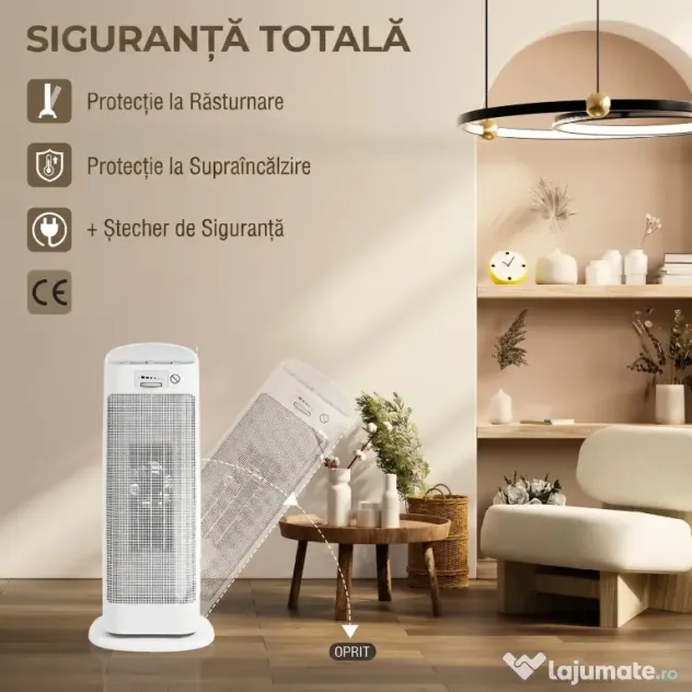 HOMCOM Încălzitor electric ceramic 2000W, 4 moduri și încălzire reglabilă, oscilație la 55°, alb