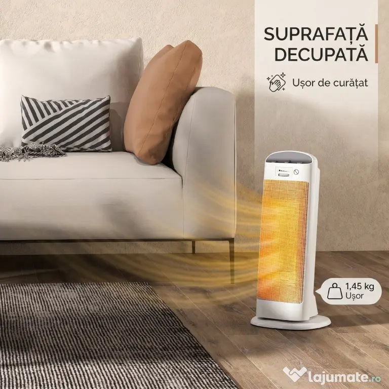 HOMCOM Încălzitor electric ceramic 2000W, 4 moduri și încălzire reglabilă, oscilație la 55°, alb
