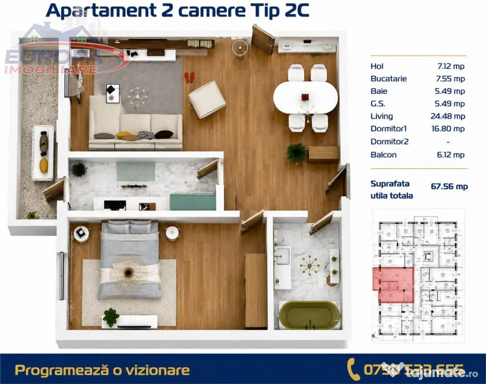 Apartament 2 camere zona C5 in BLOC NOU
