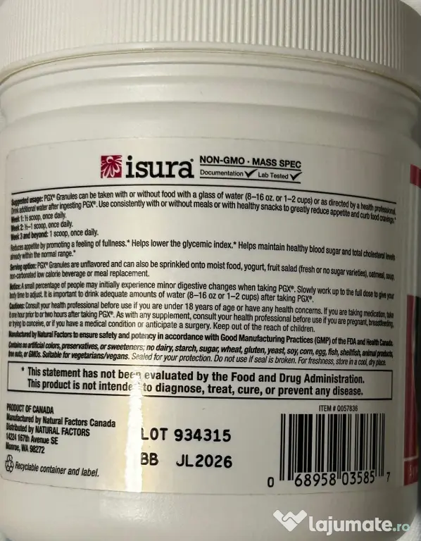 Fibre solubile PGX, Natural Factors, pentru slabit, controlul apetitului