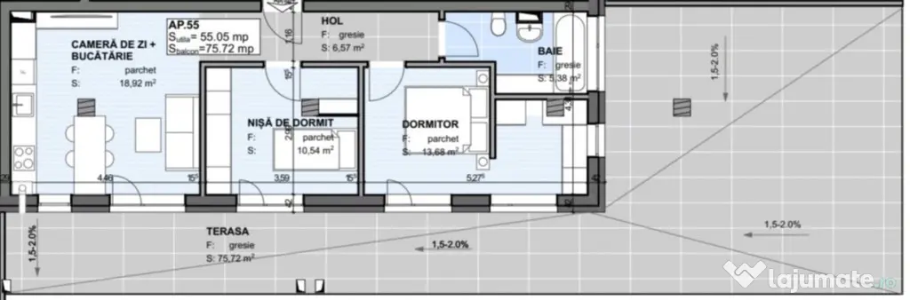 Apartament 3 camere 55.5 mp, Terasa 75.72 mp Semifinisat, Es - Apahida (Cluj)