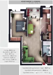 Apartament 2 camere, 51,6mp | Zona Vivo | Floresti |