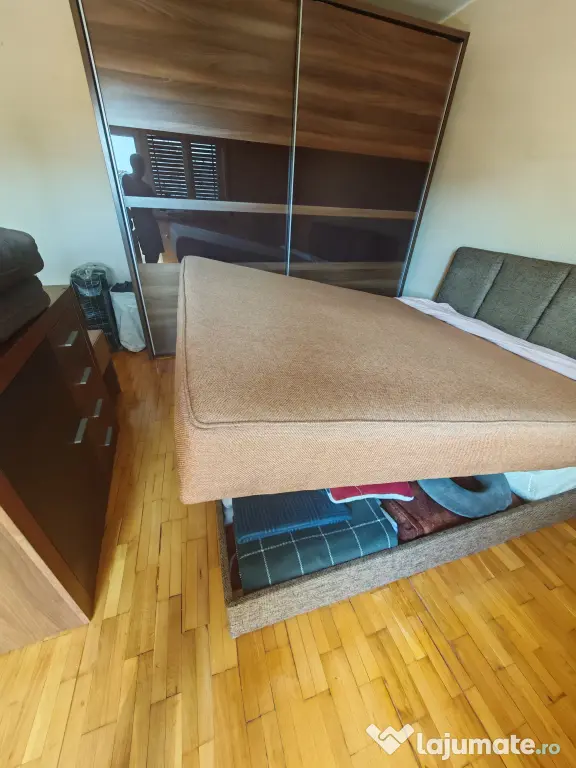 Pat tapițat ELVILA, 160x200, somieră rabatabilă, lada depozitare, saltea