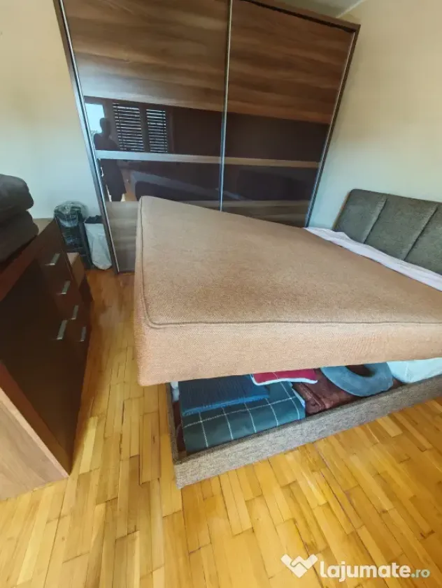 Pat tapițat ELVILA, 160x200, somieră rabatabilă, lada depozitare, saltea