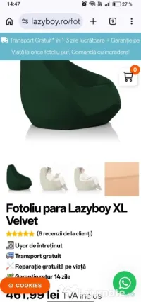 Fotoliu Puf (Bean Bag) Lazyboy Cloud XL Velvet Verde Închis - beanbeag