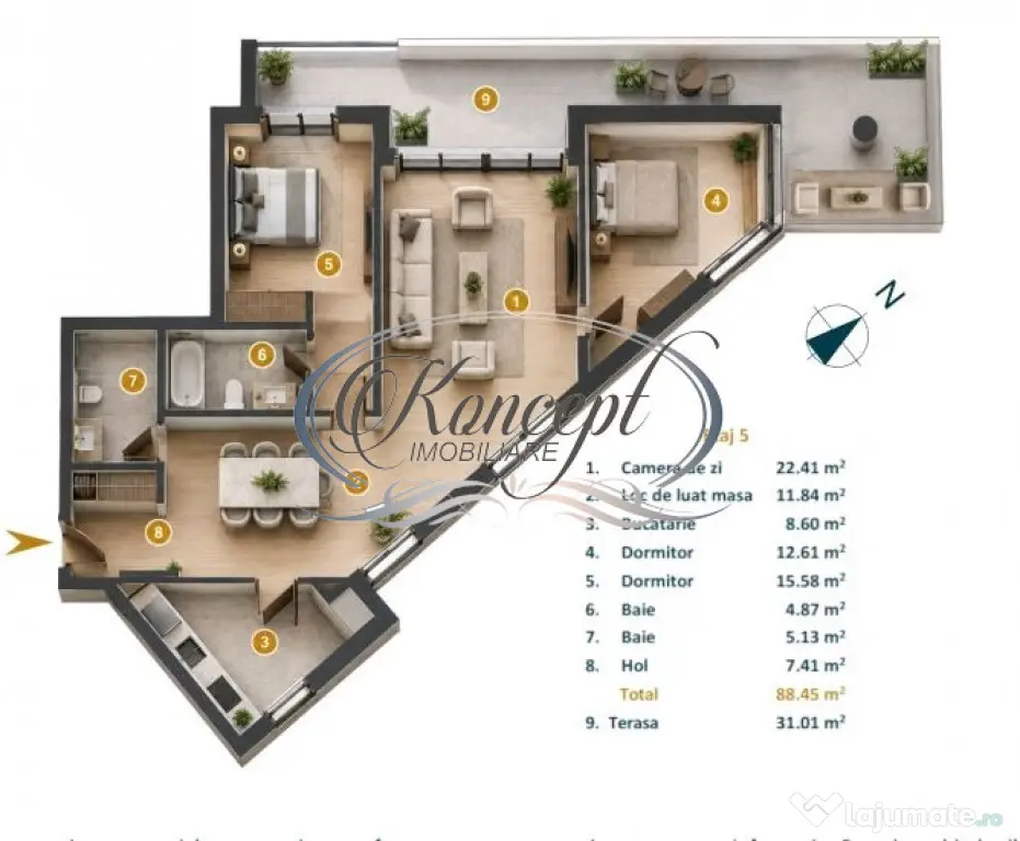 Apartament cu 3 camere si terasa, strada Dunarii - Cluj-Napoca (Cluj)