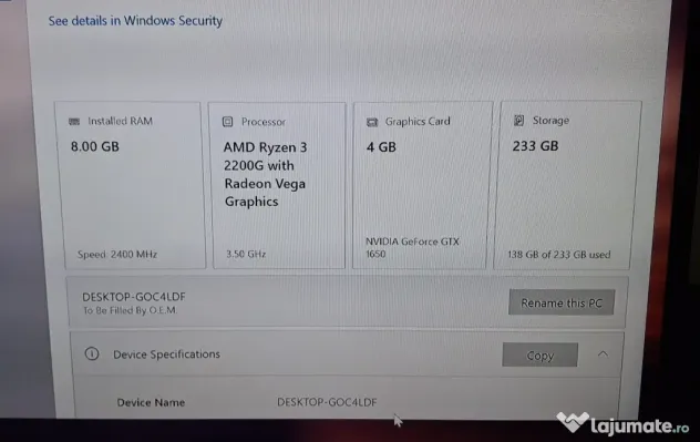Sistem PC complet AMD Ryzen 3 2200G