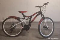 Bicicleta copii MTB - Cobra, full suspension, 26", echipare Shimano, 21 viteze, alb/negru/rosu 