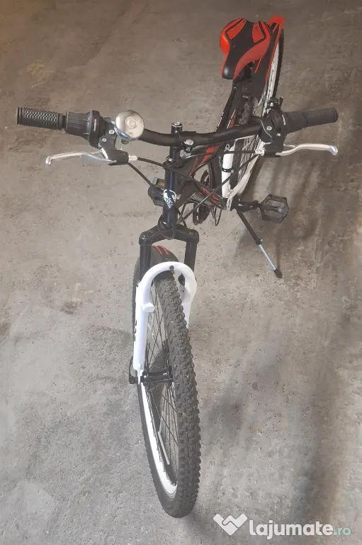 Bicicleta copii MTB - Cobra, full suspension, 26", echipare Shimano, 21 viteze, alb/negru/rosu
