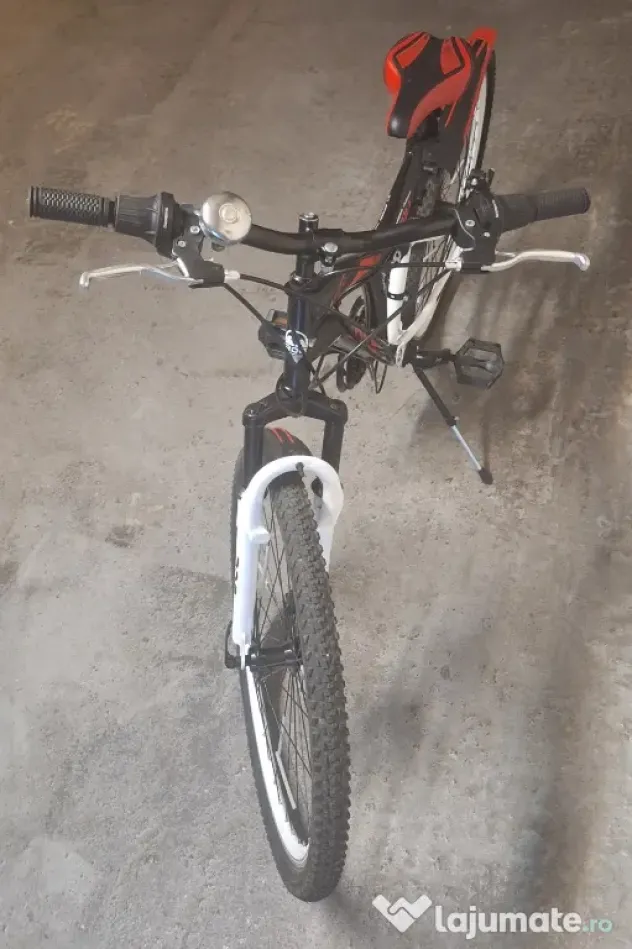 Bicicleta copii MTB - Cobra, full suspension, 26", echipare Shimano, 21 viteze, alb/negru/rosu