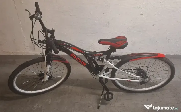 Bicicleta copii MTB - Cobra, full suspension, 26", echipare Shimano, 21 viteze, alb/negru/rosu