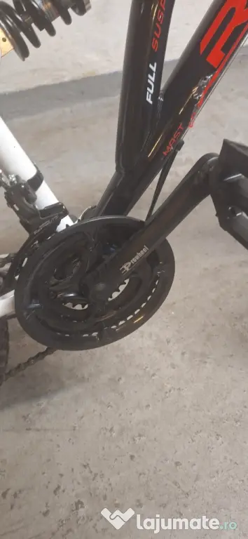Bicicleta copii MTB - Cobra, full suspension, 26", echipare Shimano, 21 viteze, alb/negru/rosu