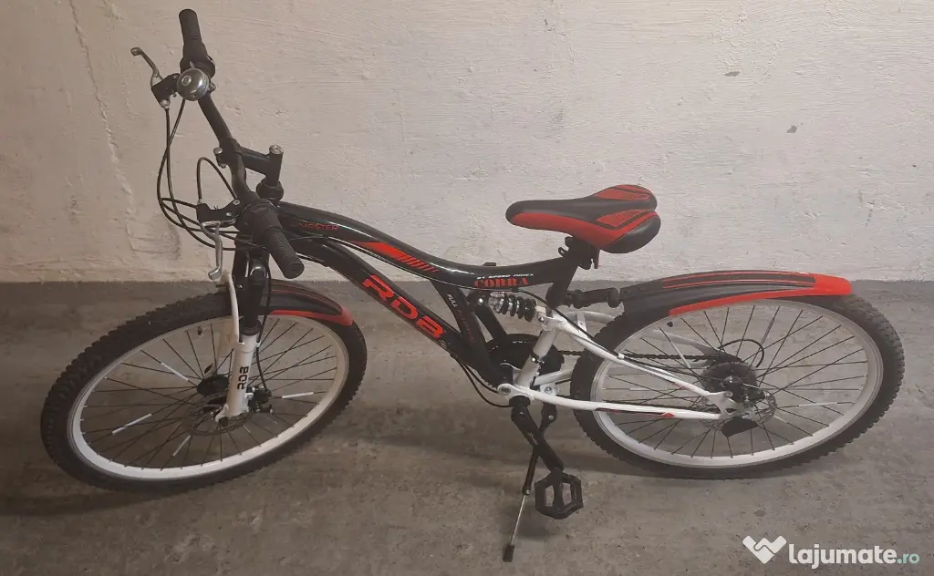 Bicicleta copii MTB - Cobra, full suspension, 26", echipare Shimano, 21 viteze, alb/negru/rosu