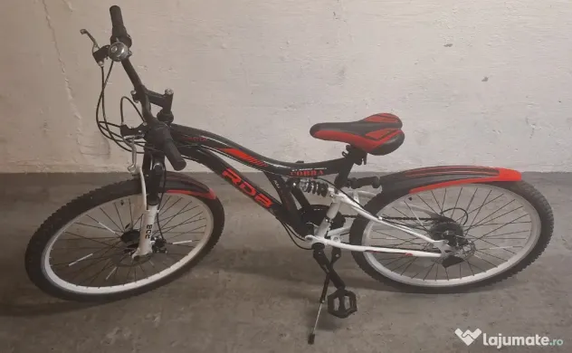 Bicicleta copii MTB - Cobra, full suspension, 26", echipare Shimano, 21 viteze, alb/negru/rosu