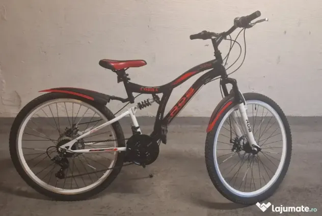 Bicicleta copii MTB - Cobra, full suspension, 26", echipare Shimano, 21 viteze, alb/negru/rosu