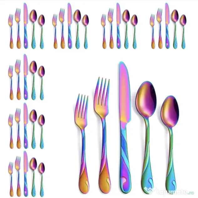 Set de tacâmuri din oțel inoxidabil pentru 8 persoane, design colorat.
