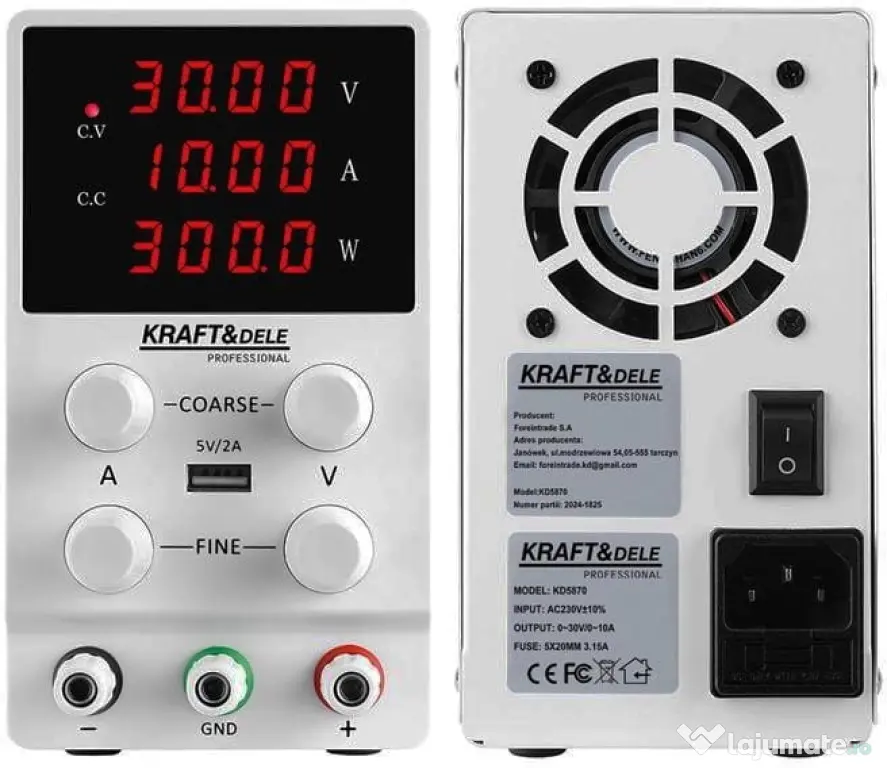 Sursă de laborator reglabilă XD5870 – 0-30V, 0-10A, Afișaj digital de precizie, Protecție scurtcircuit, Eficiență >85%