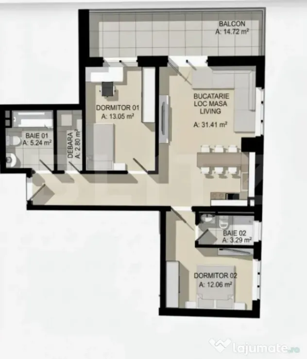 Apartament 3 camere, 2 bai,terasă generoasă, parcare inclu - Floresti (Cluj)