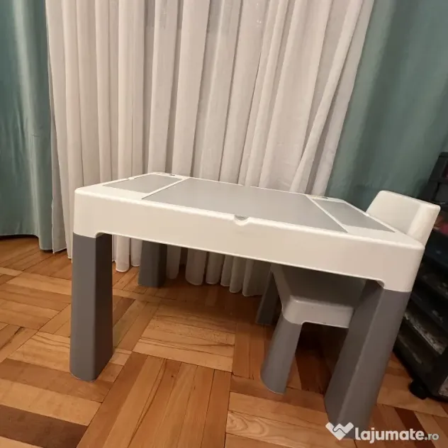 Măsuță copii Multifun + scaun, alb/gri, stare bună – pret negociabil