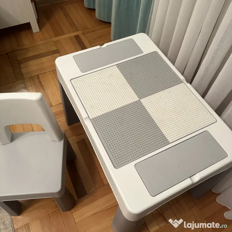 Măsuță copii Multifun + scaun, alb/gri, stare bună – pret negociabil