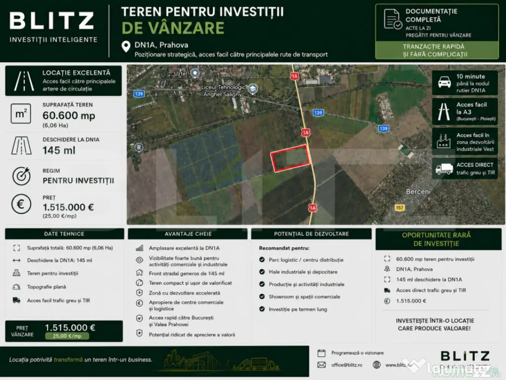 Teren 6,06 Ha, deschidere 145 ml, la DN1A. Barcanesti.