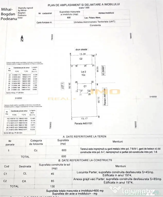 Teren 600mp. curs constructii, Utilitati, Palazu Mare, str.S