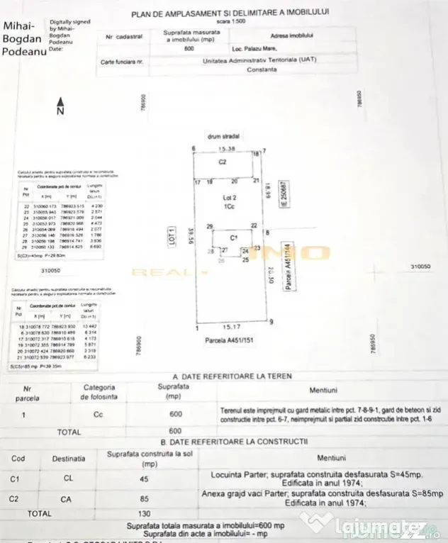 Teren 600mp. curs constructii, Utilitati, Palazu Mare, str.S