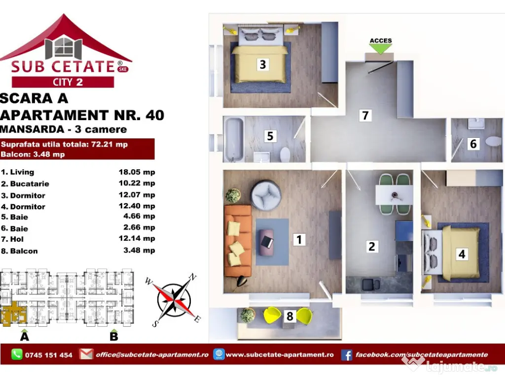 Apartament cu 3 camere decomandat 72 mp + balcon prin credit bancar