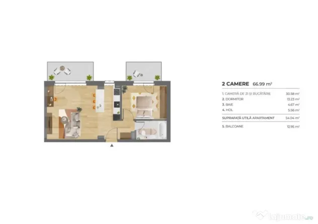 Apartament 2 Camere, 54 mp, 2 Balcoane, Imobil nZEB, Dambu R