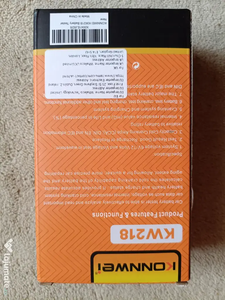 Analizor Baterie Auto KONNWEI KW218 - 6/12V, 100-2000CCA, 2-220Ah - NOU, SIGILAT