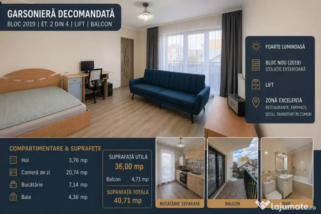 Garsoniera decomandata | 40.71 mp | Bloc 2019 | Balcon | zon