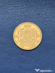 Moneda aur Romania 20 lei 1890 Carol I 6.45 g monetărie Bucuresti t