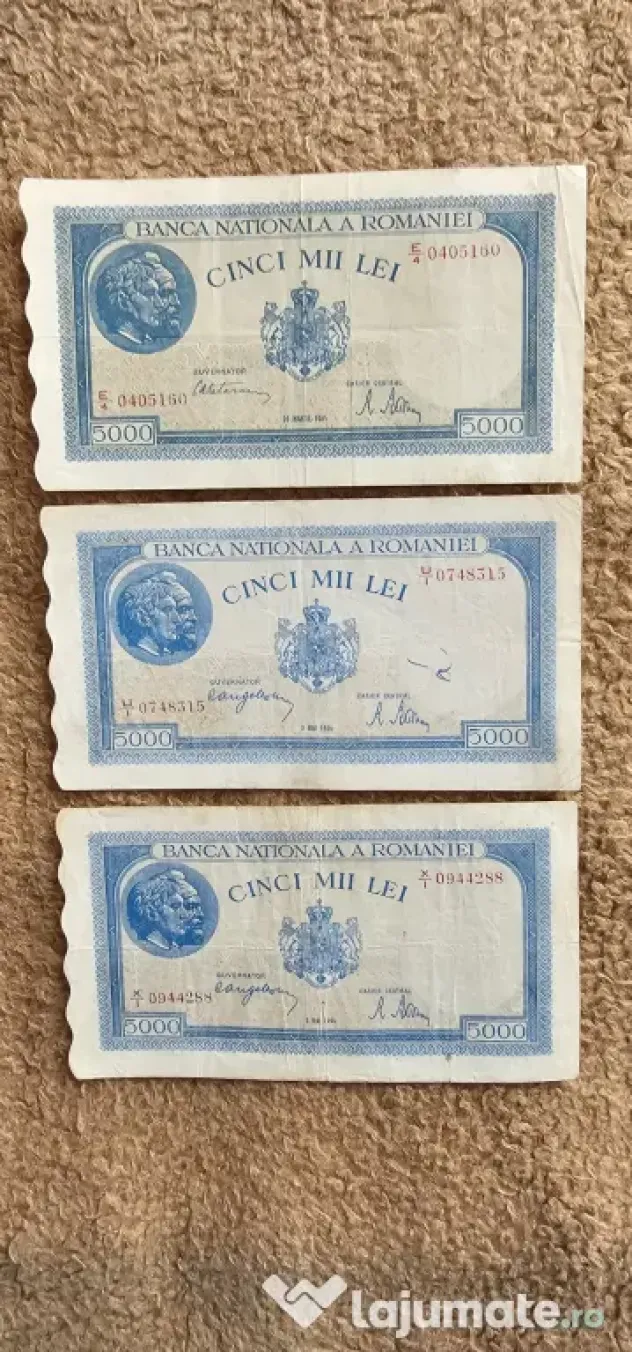 3 Bancnote 5000 lei puse in circulatie in perioada 1944,1945