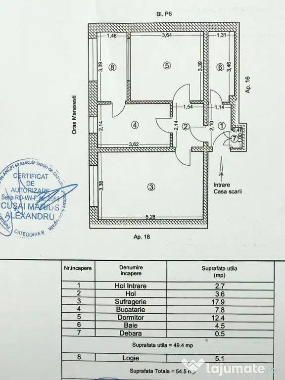 Apartament cu 2 camere - vanzare - Marasesti, jud. Vrancea